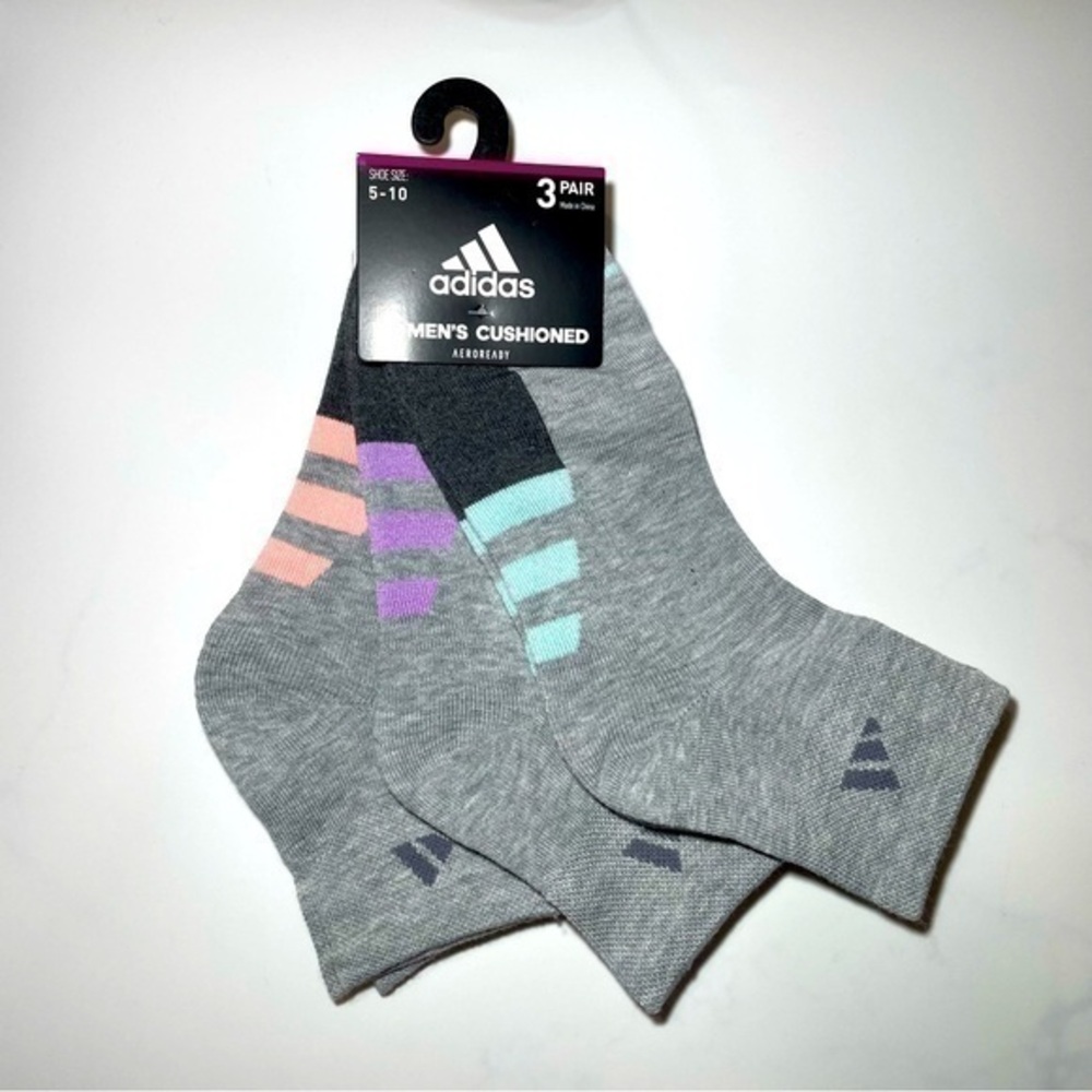 Adidas women’s quarter socks 3 pairs size 5-10 gray green purple orange